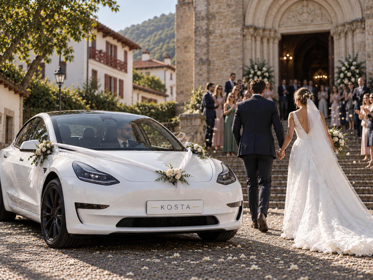 Tesla Model 3 blanche fleurie devant une église basque, les mariés montant les marches